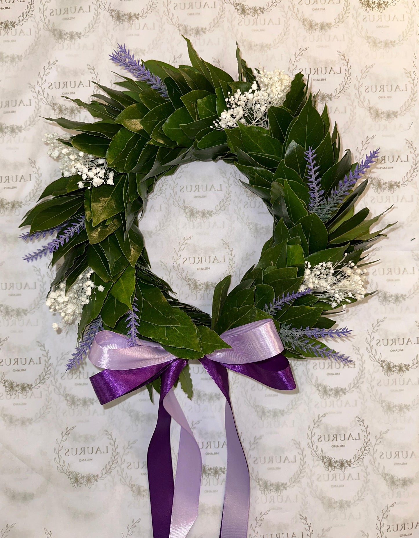 Corona d'Alloro - Lavanda artificiale e Gypsophila bianca