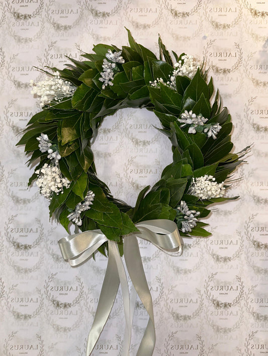 Corona d'Alloro - Gypsophila e mini Bacche argento