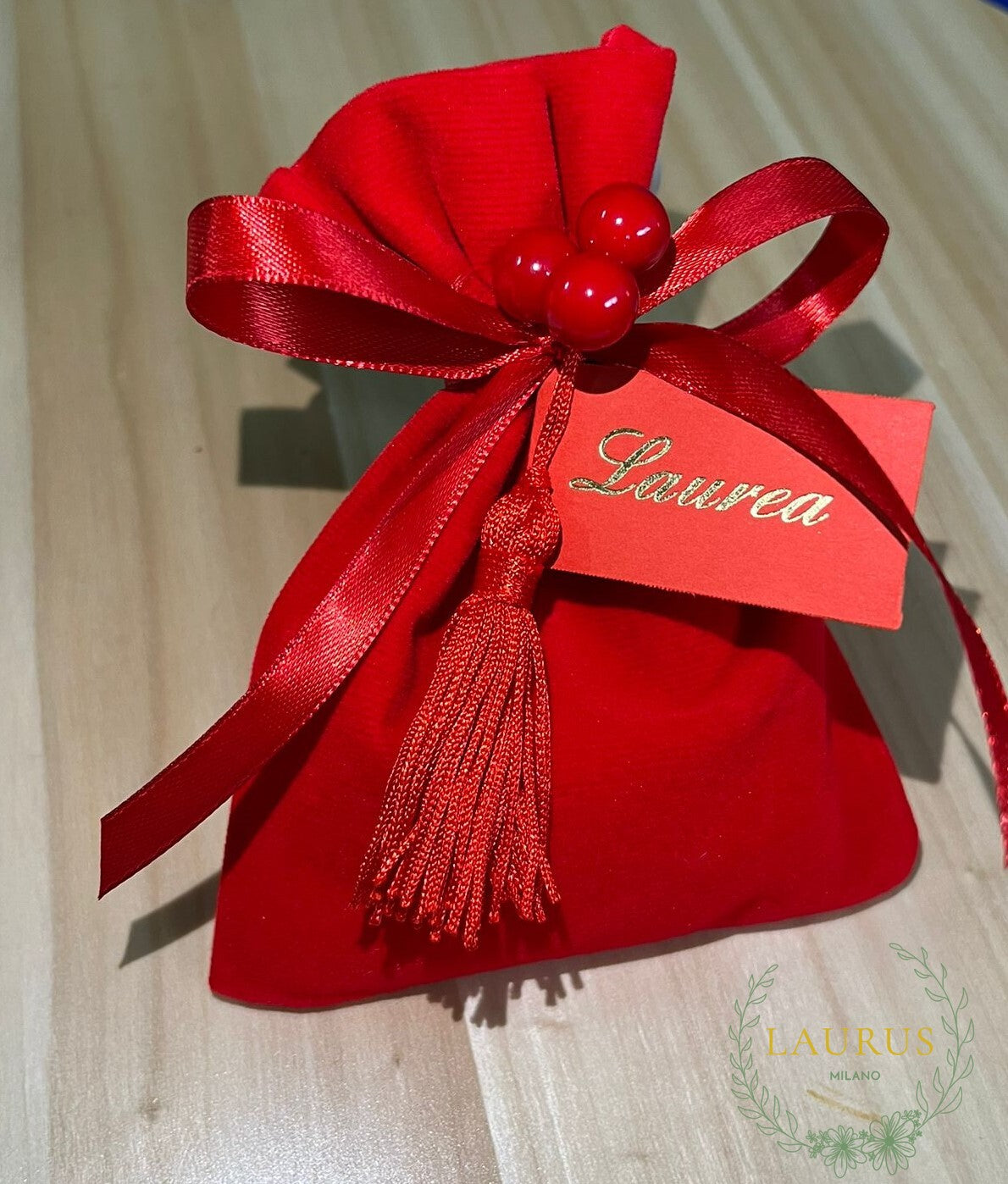 Bomboniera Laurea - sacchetto velluto rosso con bacche rosse