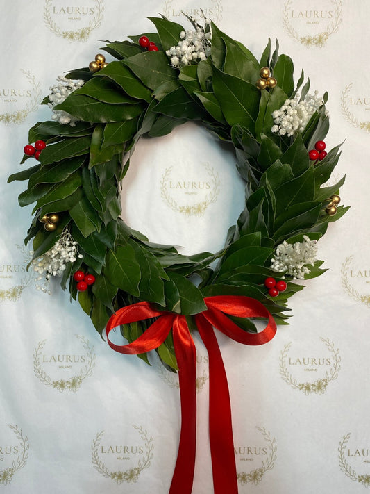 Corona d'Alloro - Bacche oro e rosse, Gypsophila bianca