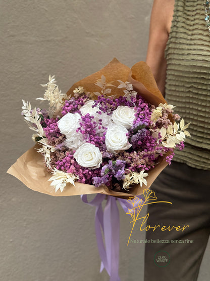 Bouquet di Fiori Stabilizzati Bianchi e Lilla