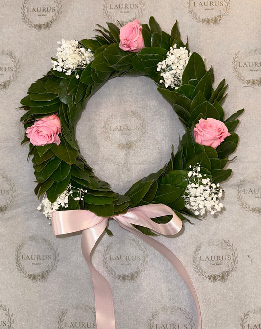Corona d'Alloro - Gypsophila bianca e Rose rosa