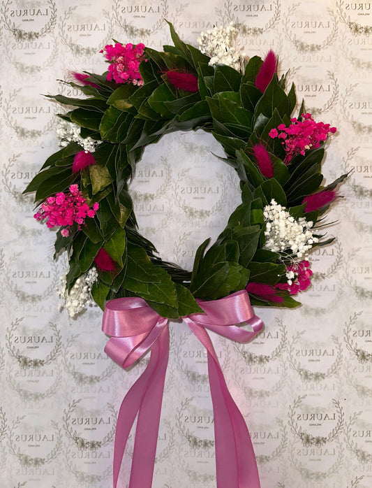Corona d'Alloro - Pampas rosa e Gypsophila bianca e rosa