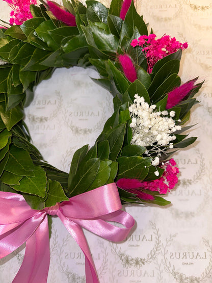 Corona d'Alloro - Pampas rosa e Gypsophila bianca e rosa
