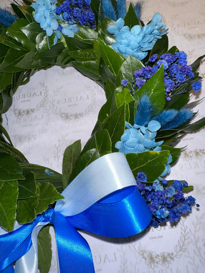 Corona d'Alloro - Gypsophila, Ortensia e Pampas blu