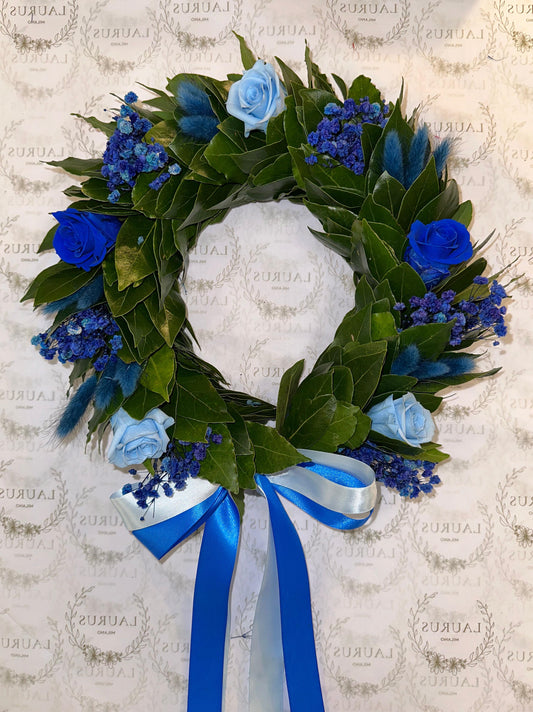 Corona d'Alloro - Rose blu e azzurre, Gypsophila e Pampas blu