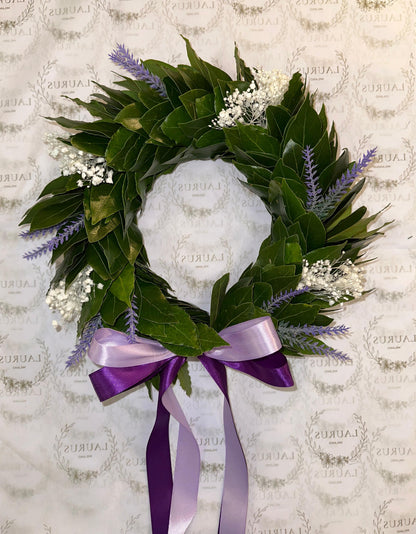 Corona d'Alloro - Lavanda artificiale e Gypsophila bianca