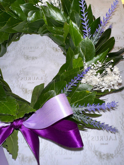 Corona d'Alloro - Lavanda artificiale e Gypsophila bianca