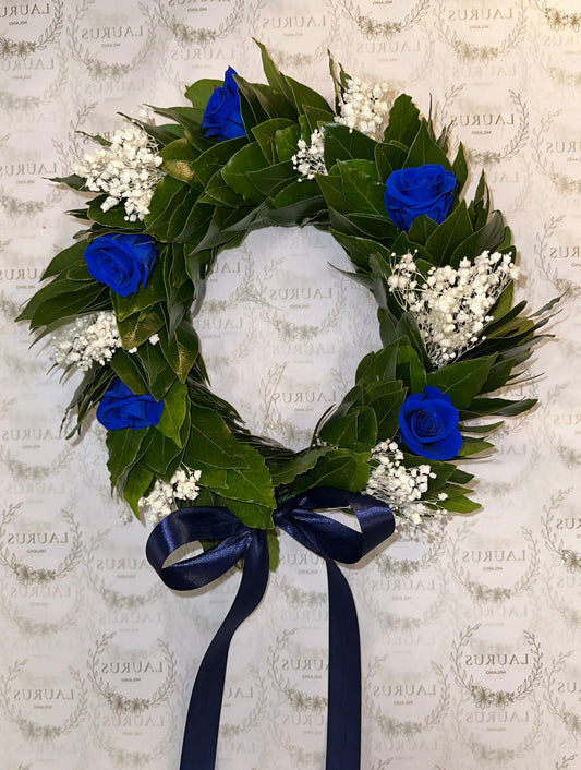 Corona d'Alloro - Rose blu e Gypsophila bianca