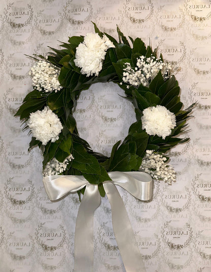 Corona d'Alloro - Garofani bianchi e Gypsophila