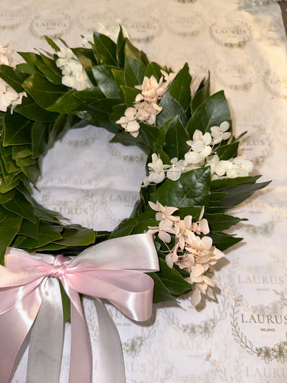 Corona d'Alloro - Ortensia bianca e rosa