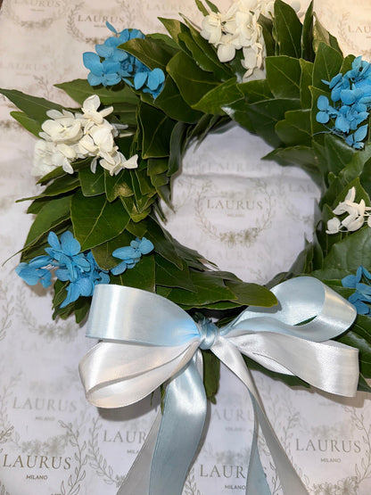 Corona d'Alloro - Ortensia bianca e azzurra