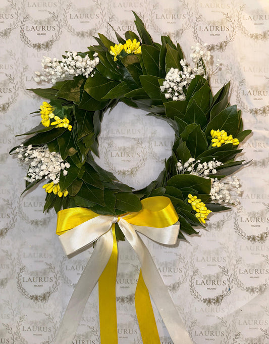 Corona d'Alloro - Gypsophila e mini Bacche gialle