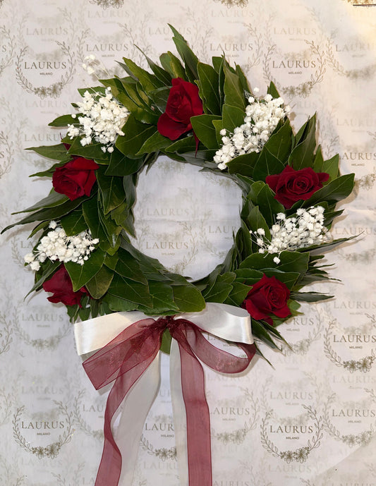 Corona d'Alloro - Rose bordeaux e Gypsophila