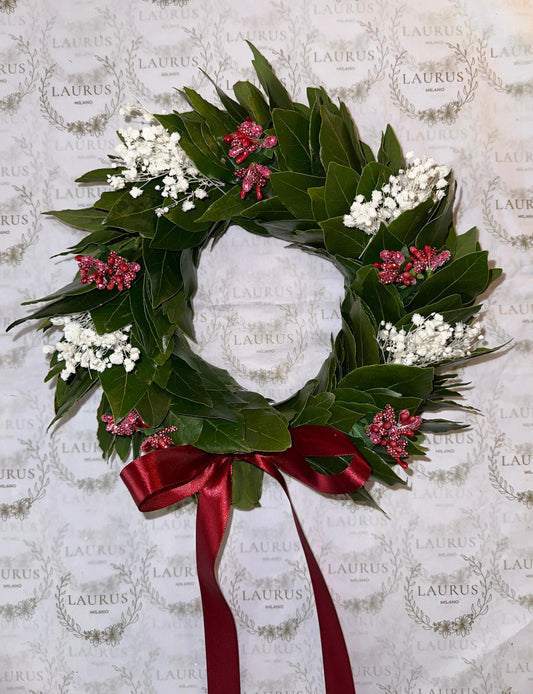 Corona d'Alloro - mini Bacche bordeaux e Gypsophila