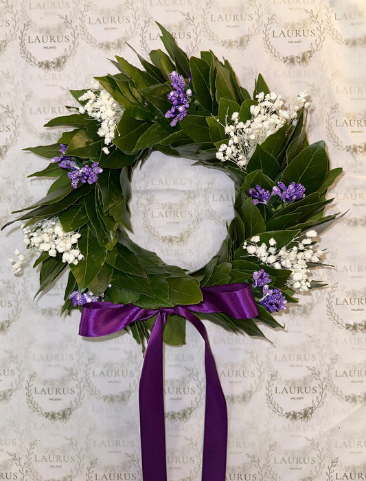 Corona d'Alloro - mini Bacche viola e Gypsophila