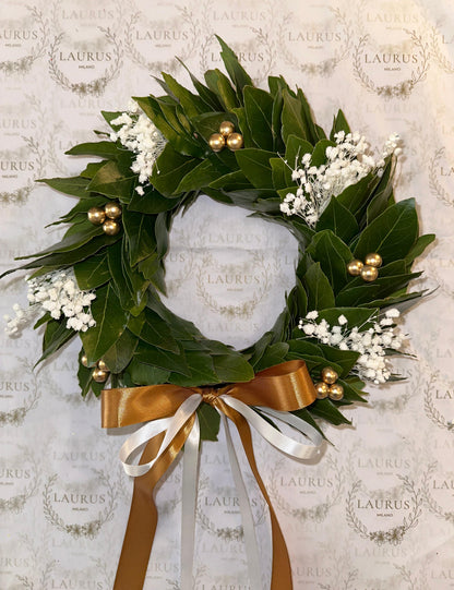 Corona d'Alloro - Bacche oro e Gypsophila