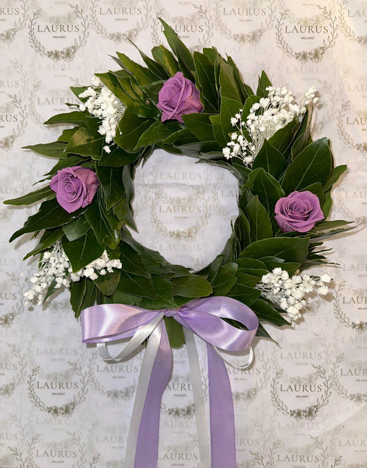Corona d'Alloro - Rose lilla e Gypsophila