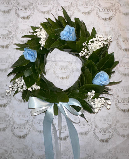 Corona d'Alloro - Rose azzurre e Gypsophila