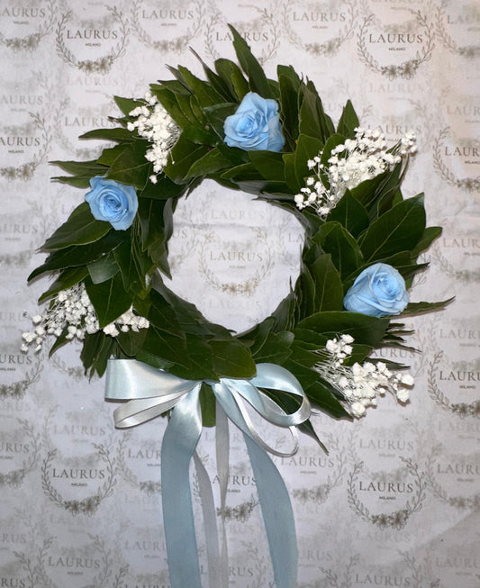 Corona d'Alloro - Rose azzurre e Gypsophila