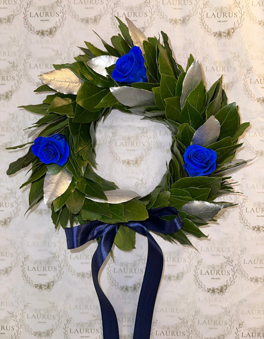 Corona d'Alloro - Rose blu e Foglie argentate