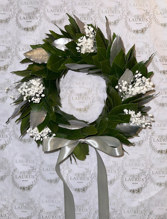 Corona d'Alloro - Foglie argentate e Gypsophila