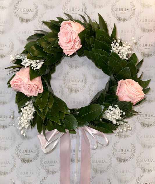 Corona d'Alloro - Rose grandi rosa e Gypsophila